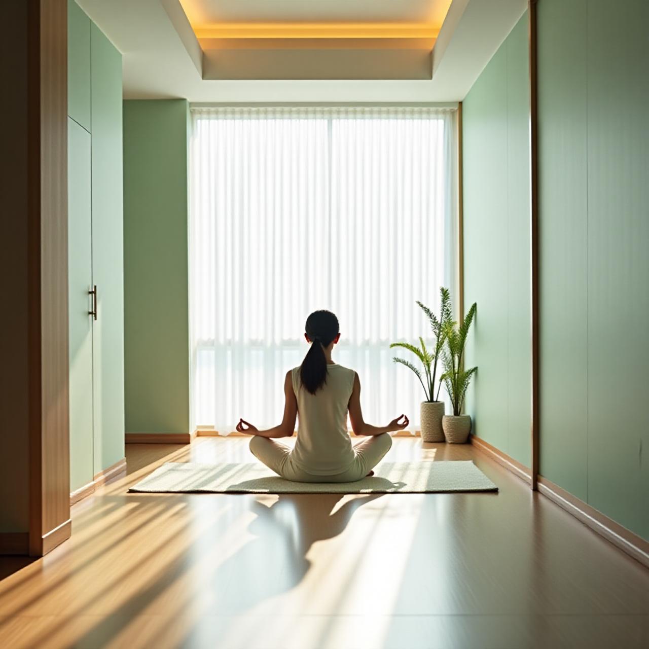 都会の隠れ家スタジオでの静かなヨガ風景
